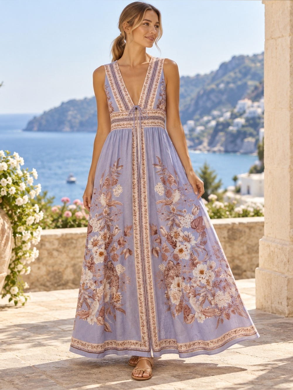 NWT Caroline Constas Grecian Floral Linen-Blend Maxi Dress- Medium